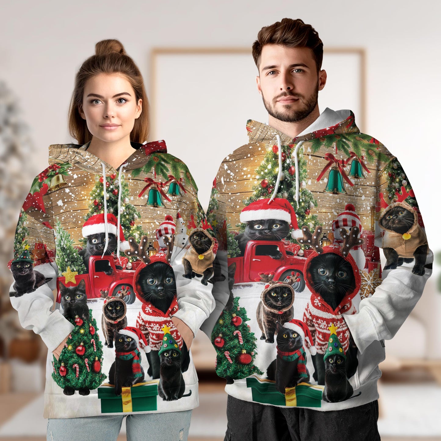 Netecom Black Cat Christmas 3D Hoodie with Front Pocket, Unisex Casual All Over Funny Kitten Graphic Sweatshirt