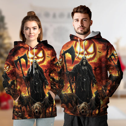 Netecom Grim Reaper Halloween 3D Print Hoodie with Front Pocket, All Over Graphic Dark Hellhound Sweatshirt Unisex Casual