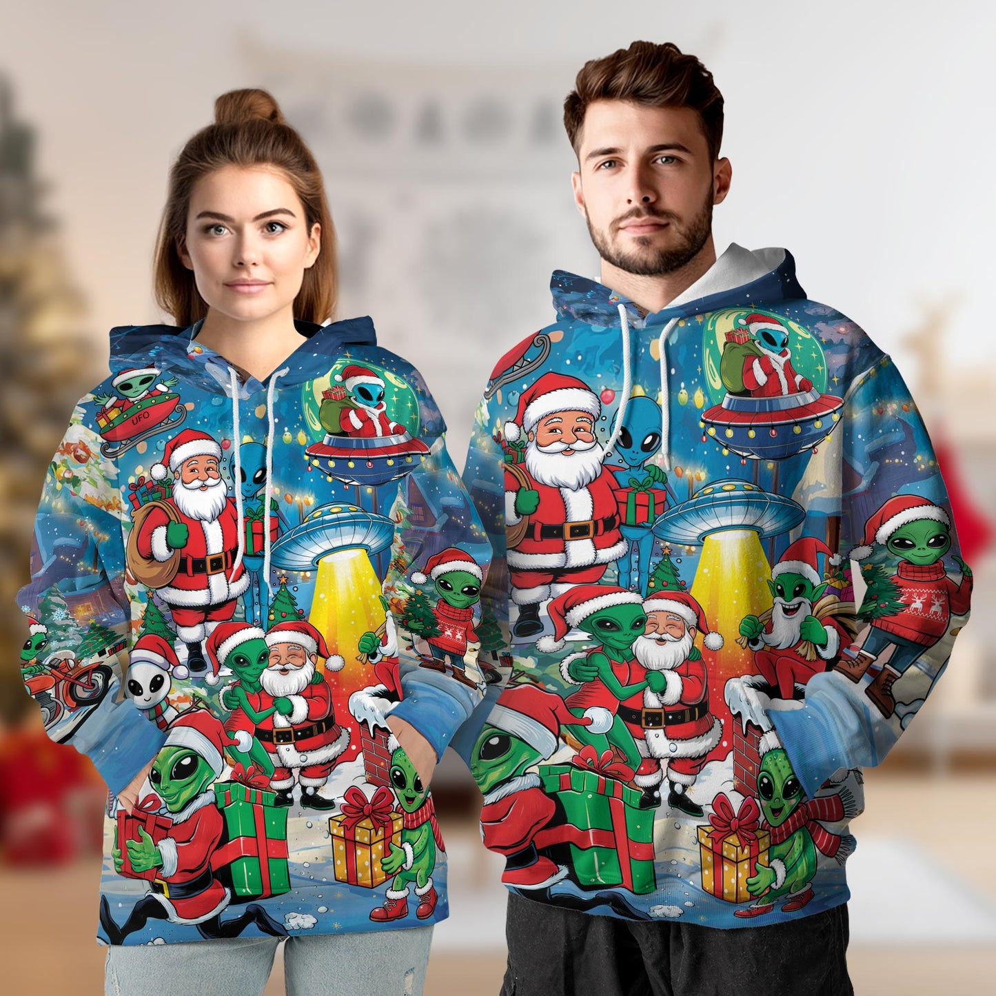 Netecom Alien and Santa Claus Christmas Print Hoodie with Front Pocket, All Over Funny UFO Graphic Sweatshirt Unisex Casual