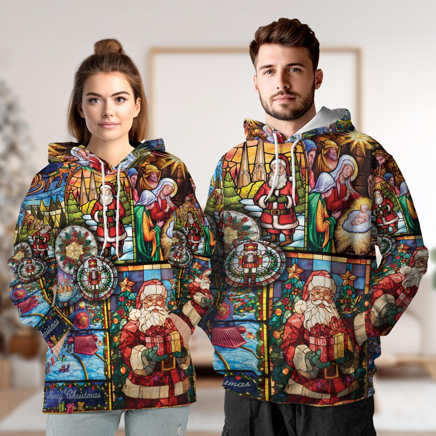 Netecom Christmas Stained Glass 3D Hoodie with Front Pocket, Unisex Casual All Over Nativity Scene Graphic Sweatshirt
