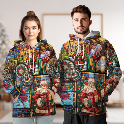 Netecom Christmas Stained Glass 3D Hoodie with Front Pocket, Unisex Casual All Over Nativity Scene Graphic Sweatshirt