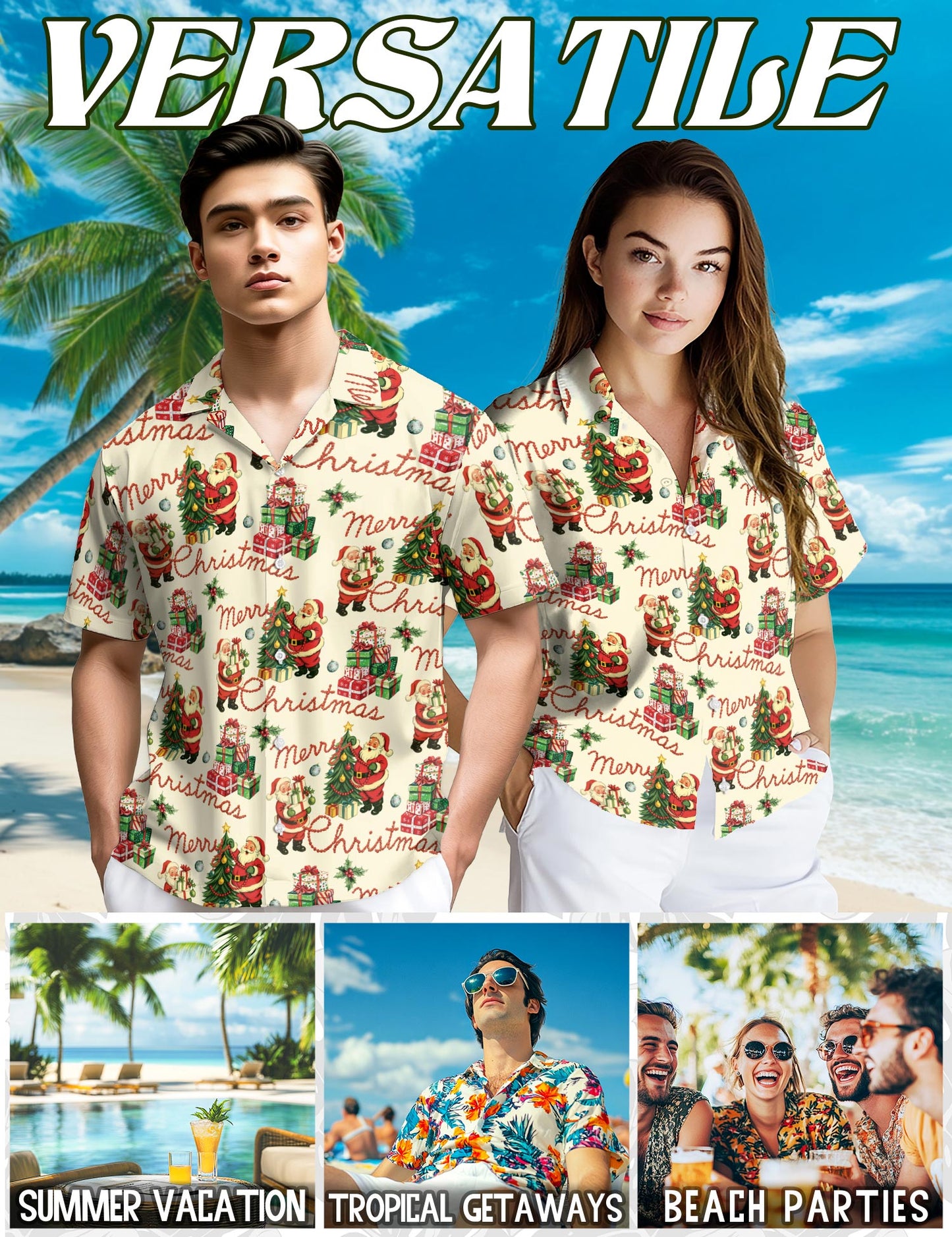 Netecom Santa Claus Hawaiian Shirt for Men Women, Merry Christmas Button Down Summer Beach Short Sleeve Shirts, S-5XL