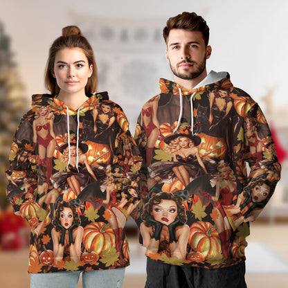 Netecom Pinup Girl 3D Print Hoodie with Front Pocket, All Over Graphic Halloween Sweatshirt Unisex Casual