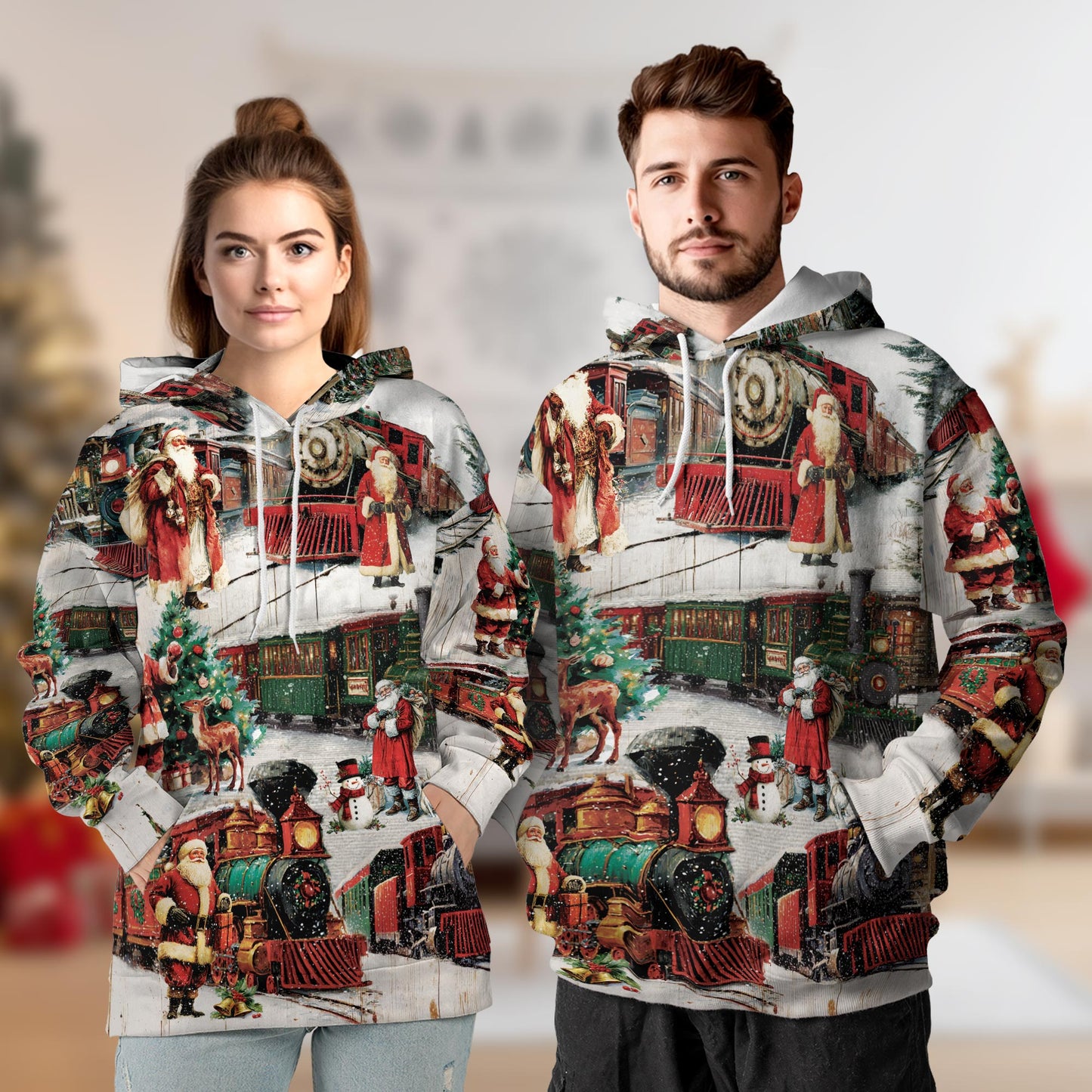 Netecom Vintage Christmas Train Print Hoodie with Front Pocket, All Over Old-Fashioned Graphic Sweatshirt Unisex Casual