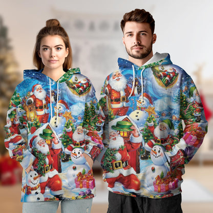 Netecom Santa Claus and Snowman Print Hoodie with Front Pocket, All Over Graphic Festive Christmas Sweatshirt Unisex Casual