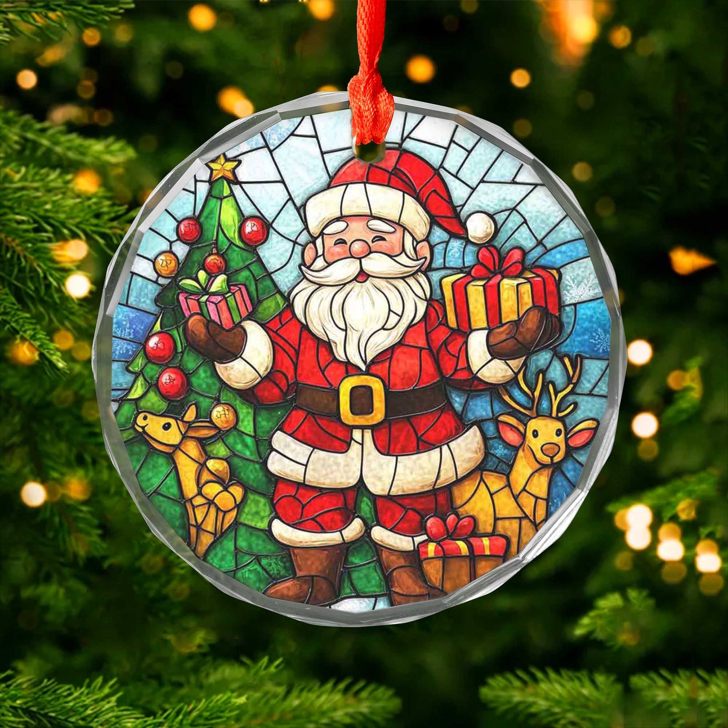 Netecom Christmas Santa Claus & Reindeer Glass Ornament – Stained Glass Tree Decoration, Holiday Gift Keepsake, 3 in