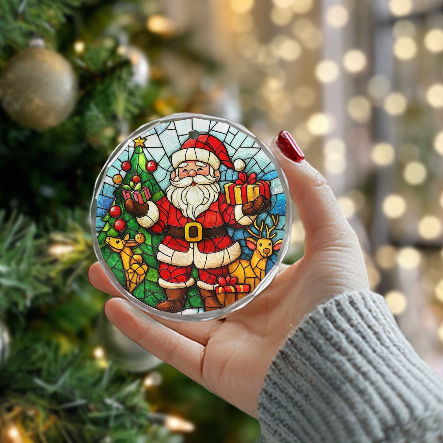 Netecom Christmas Santa Claus & Reindeer Glass Ornament – Stained Glass Tree Decoration, Holiday Gift Keepsake, 3 in