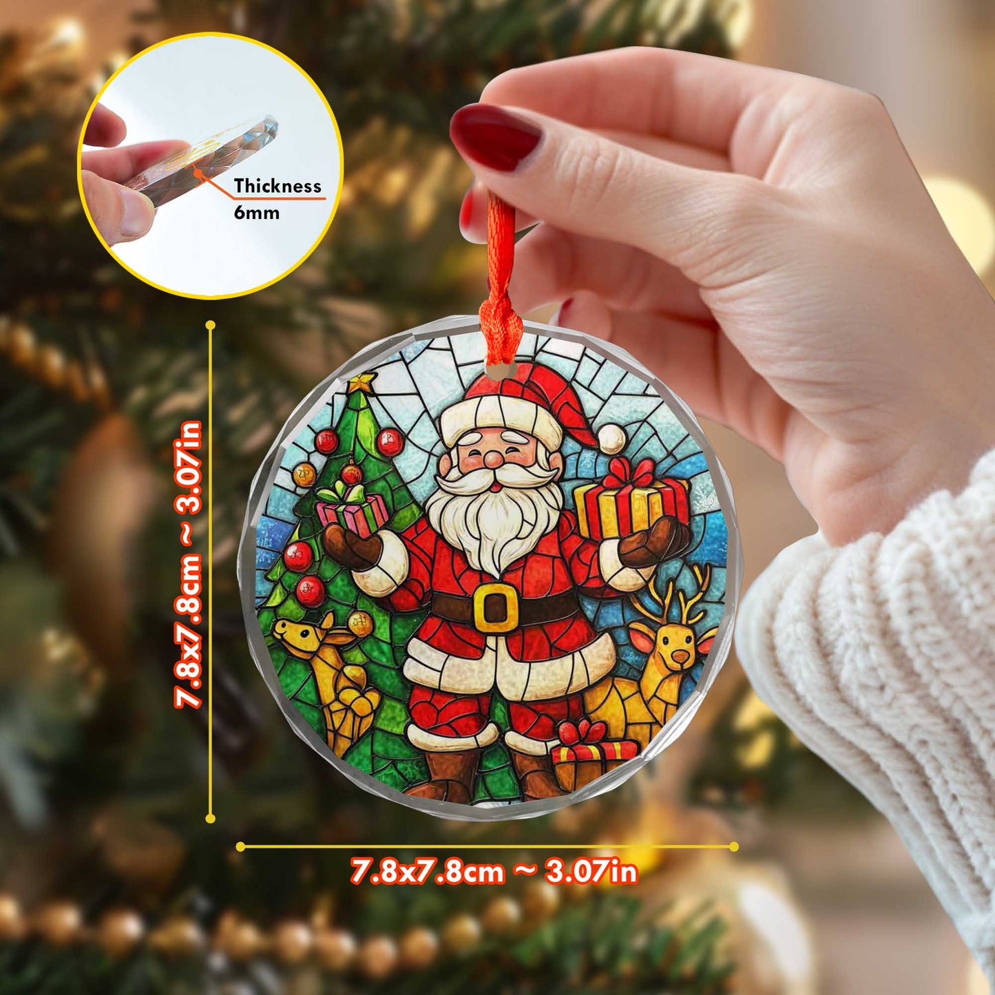 Netecom Christmas Santa Claus & Reindeer Glass Ornament – Stained Glass Tree Decoration, Holiday Gift Keepsake, 3 in