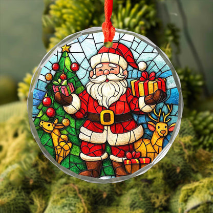Netecom Christmas Santa Claus & Reindeer Glass Ornament – Stained Glass Tree Decoration, Holiday Gift Keepsake, 3 in