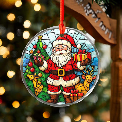Netecom Christmas Santa Claus & Reindeer Glass Ornament – Stained Glass Tree Decoration, Holiday Gift Keepsake, 3 in