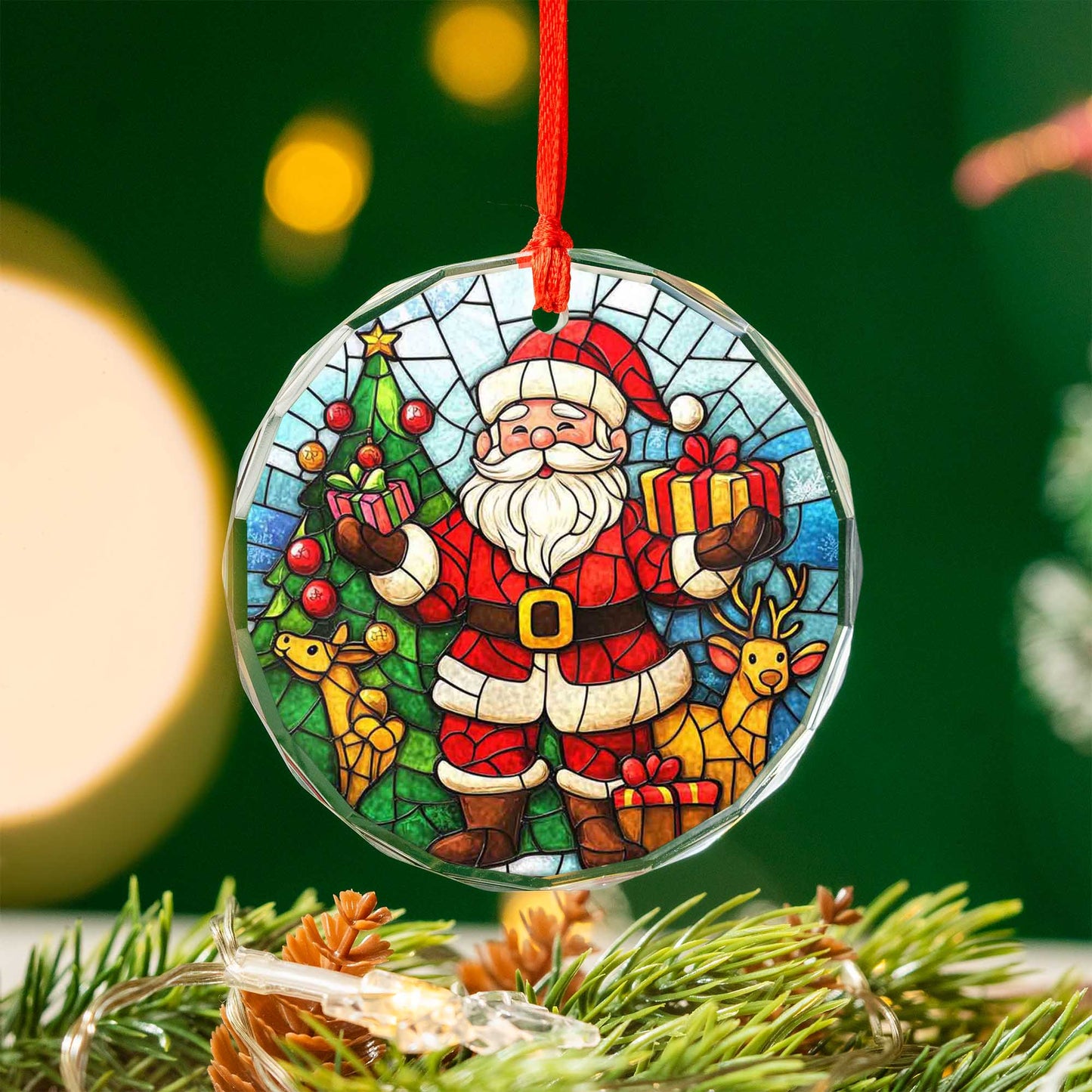 Netecom Christmas Santa Claus & Reindeer Glass Ornament – Stained Glass Tree Decoration, Holiday Gift Keepsake, 3 in