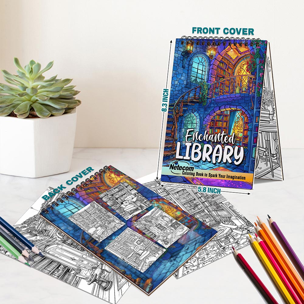 Netecom Enchanted Library Spiral Bound Coloring Book For Adults
