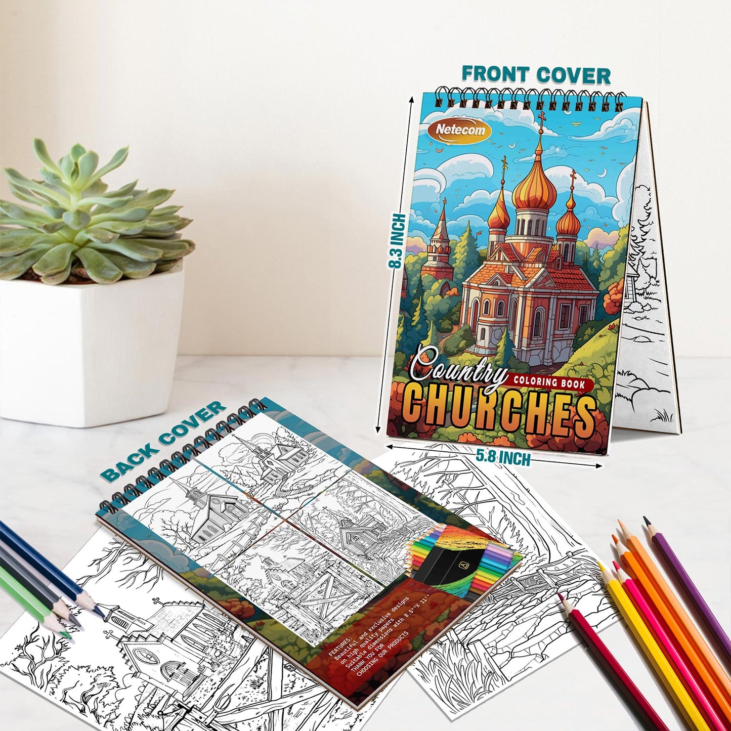 Netecom Country Churches Spiral Bound Coloring Book For Adults