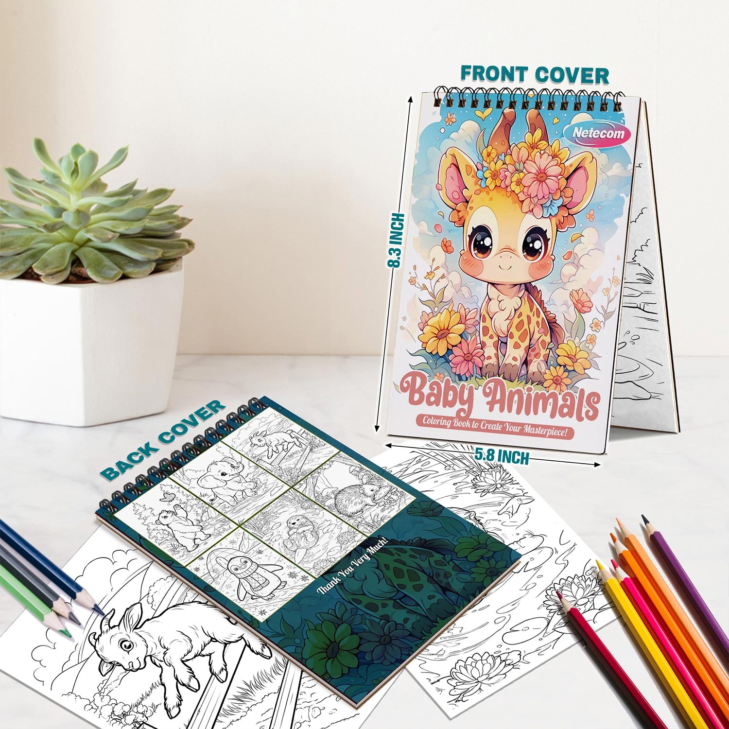 Netecom Baby Animals Spiral Bound Coloring Book For Adults