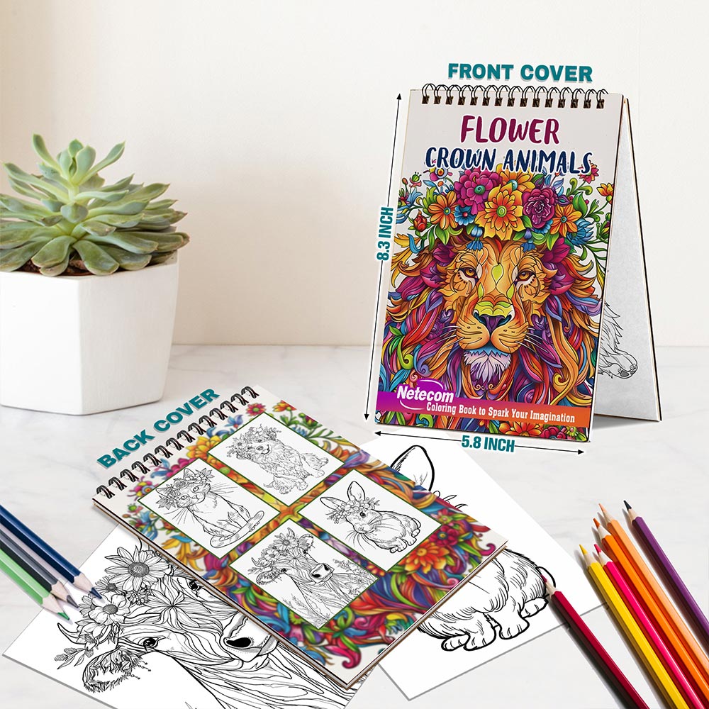 Netecom Flower Crown Animals Spiral Bound Coloring Book For Adults