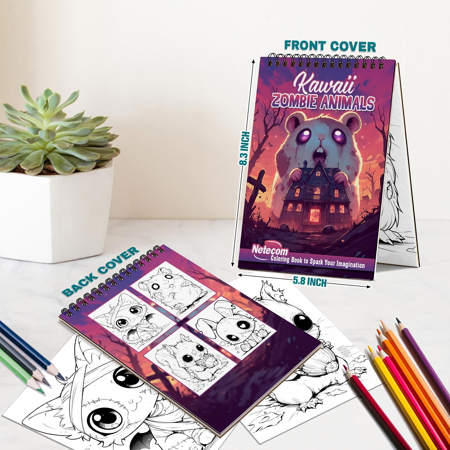 Netecom Kawaii Zombie Animals Spiral Bound Coloring Book For Adults