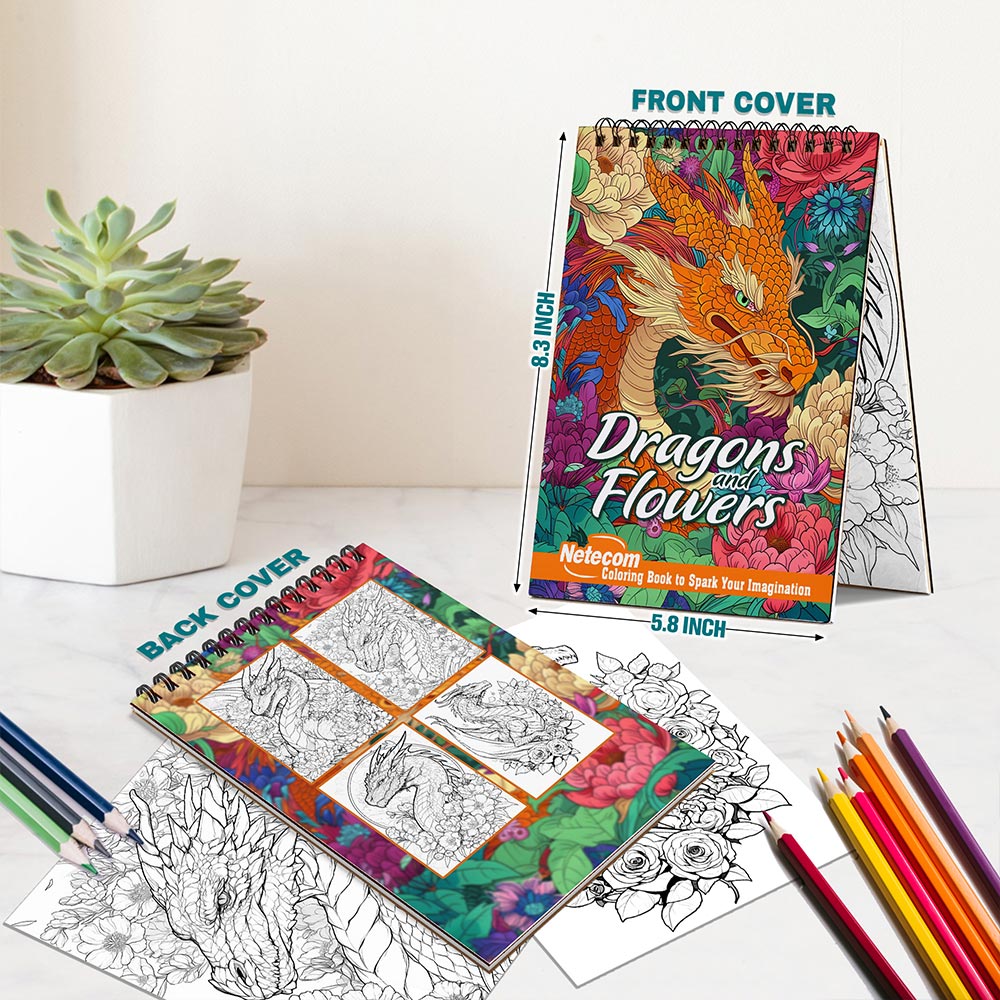 Netecom Dragons and Flowers Spiral Bound Coloring Book For Adults