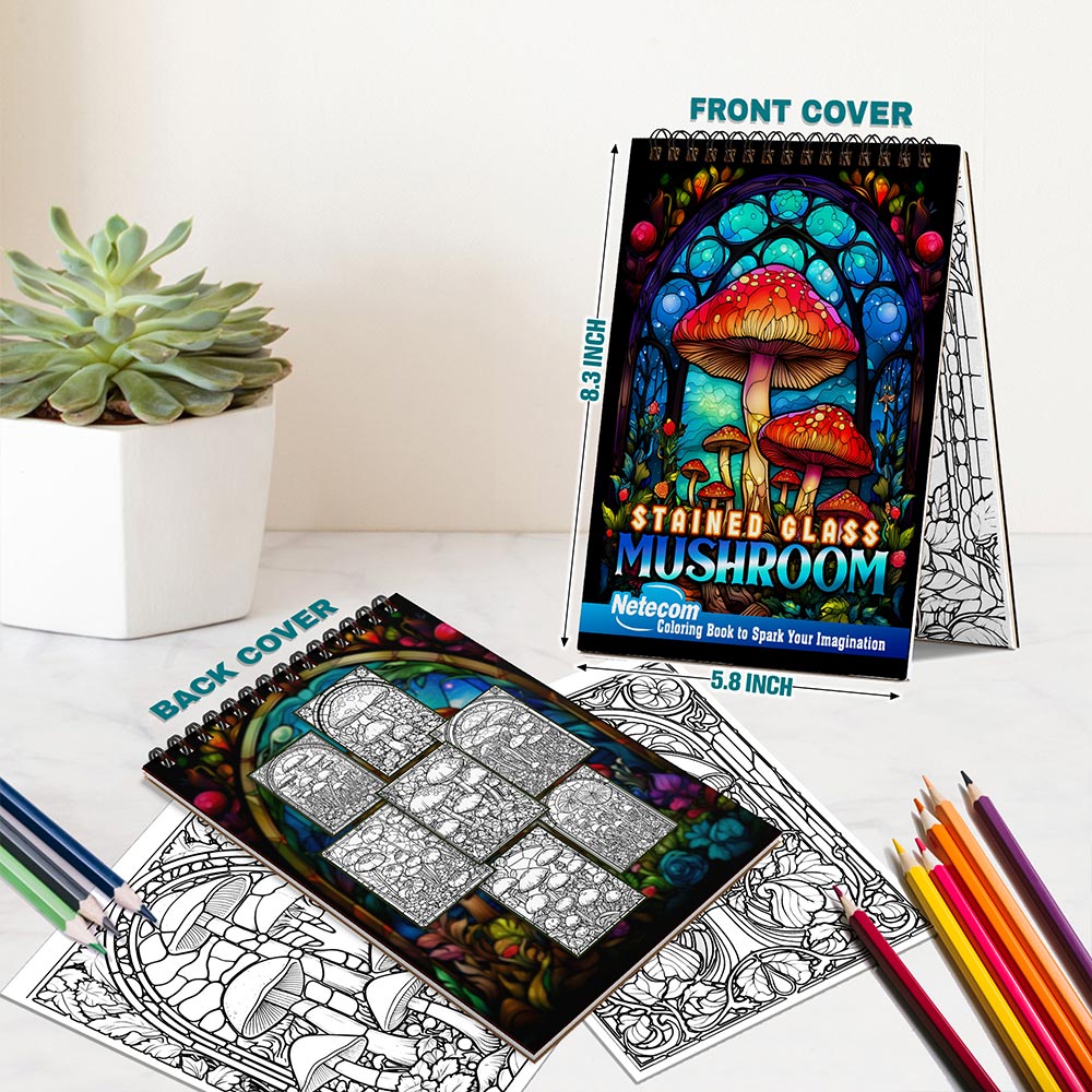 Netecom Stained Glass Mushroom Spiral Bound Coloring Book For Adults