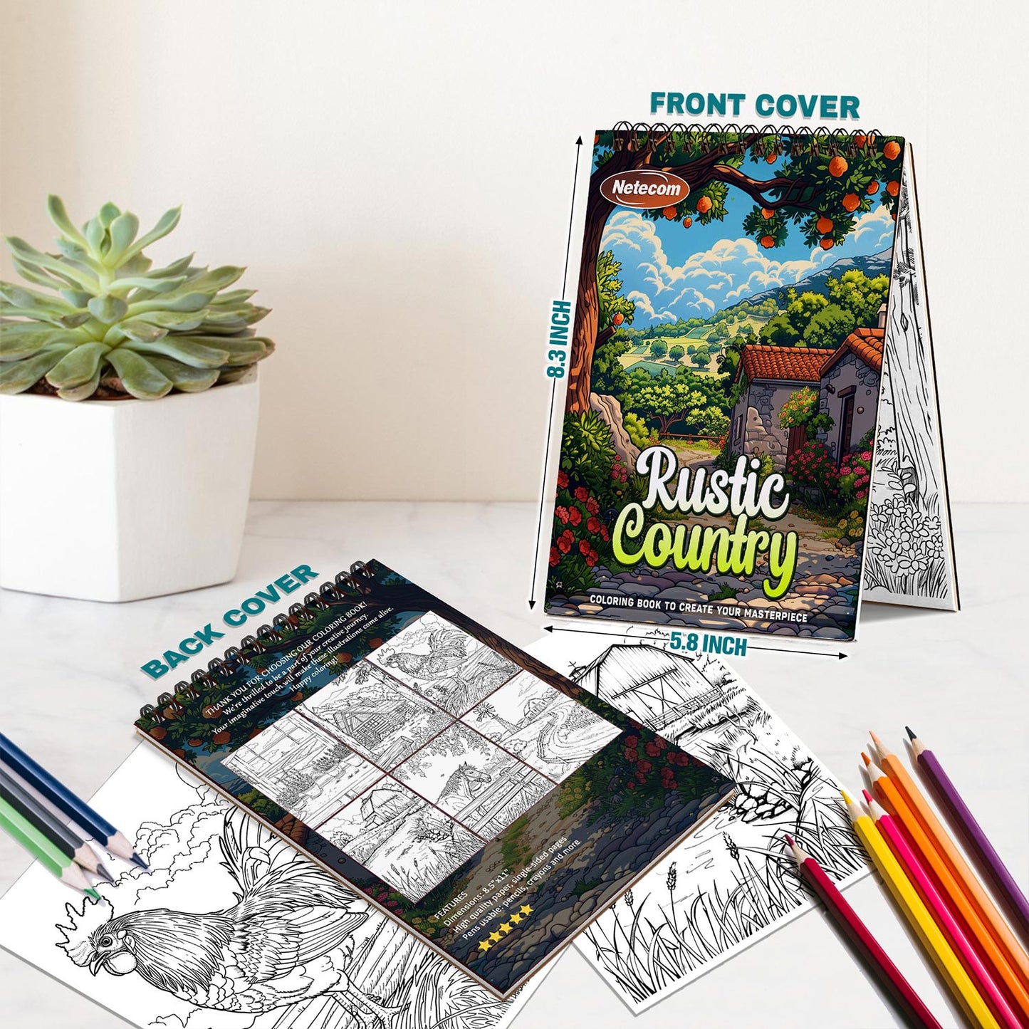 Netecom Rustic Country Spiral Bound Coloring Book For Adults