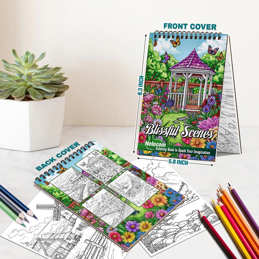 Netecom Blissful Scenes Spiral Bound Coloring Book For Adults