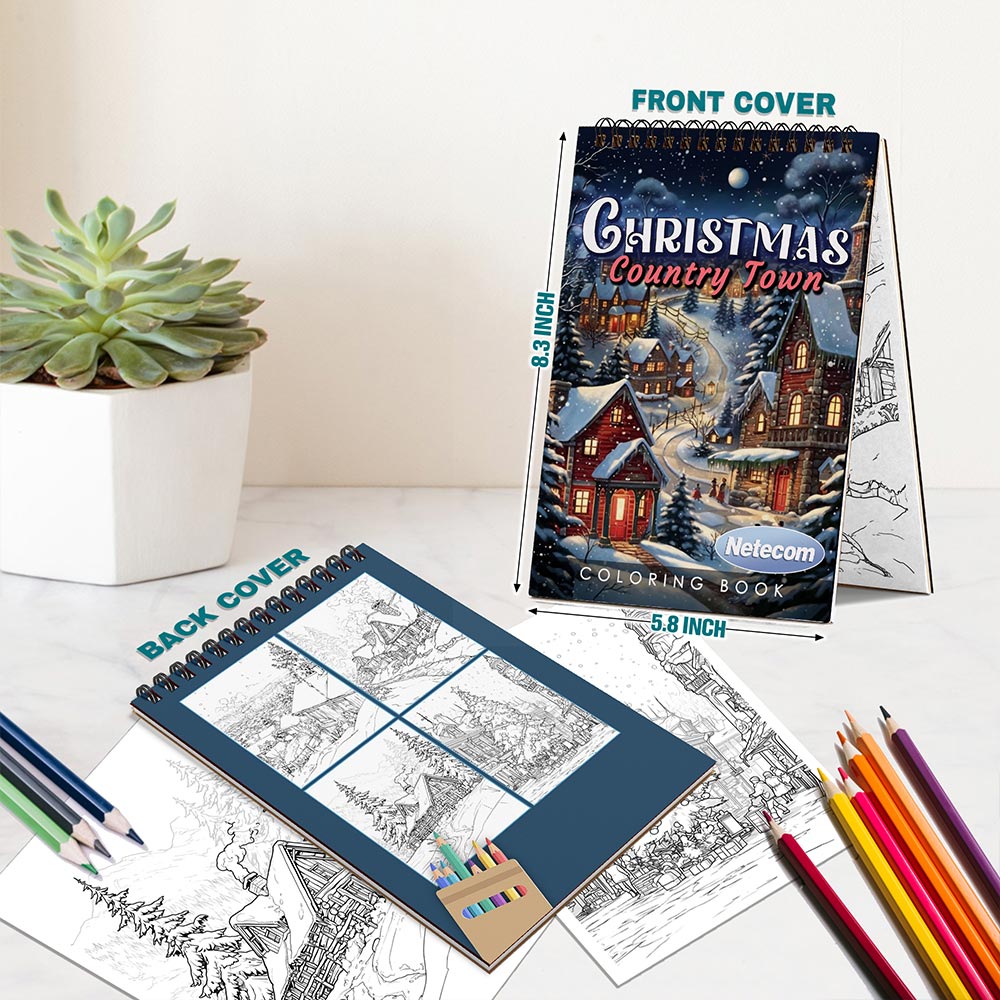 Netecom Christmas Country Town Spiral Bound Coloring Book For Adults