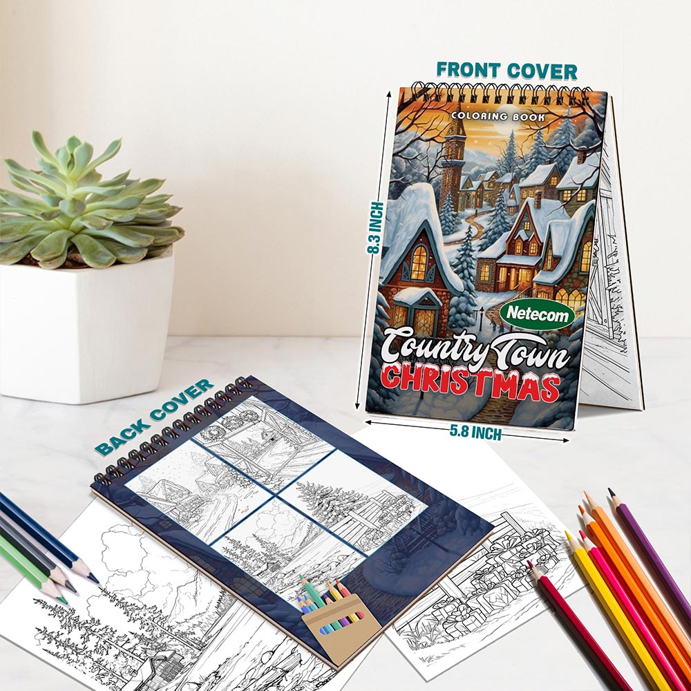Netecom Christmas Country Town Spiral Bound Coloring Book For Adults
