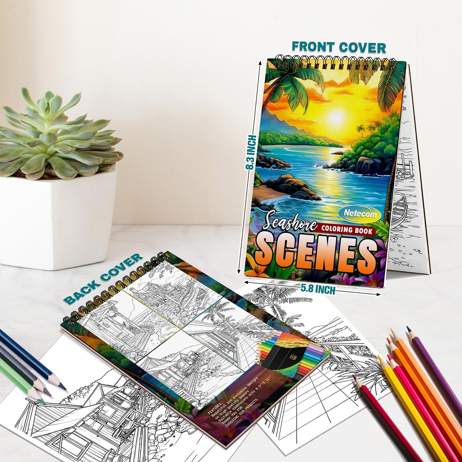 Netecom Seashore Scenes Spiral Bound Coloring Book For Adults