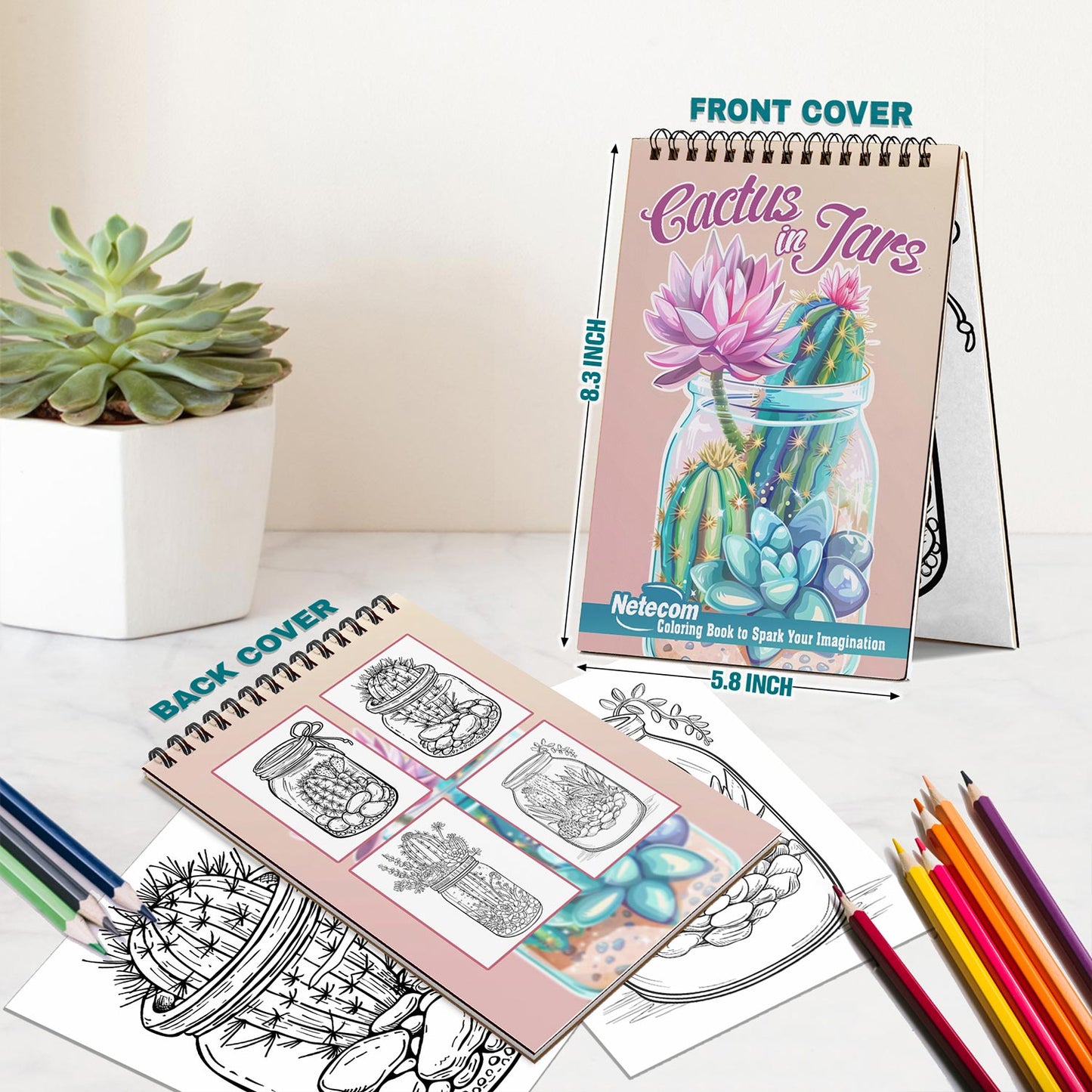 Netecom Cactus in Jars Spiral Bound Coloring Book For Adults
