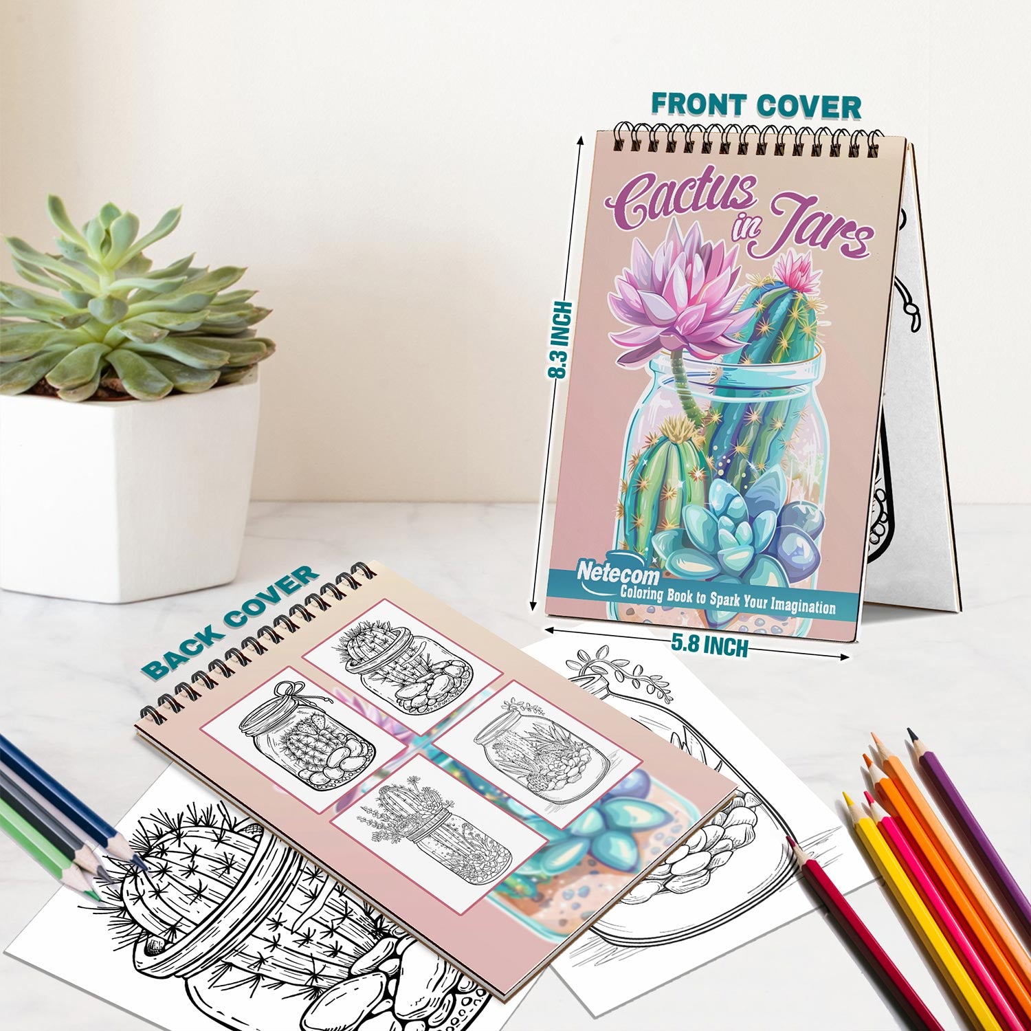 Netecom Cactus in Jars Spiral Bound Coloring Book For Adults