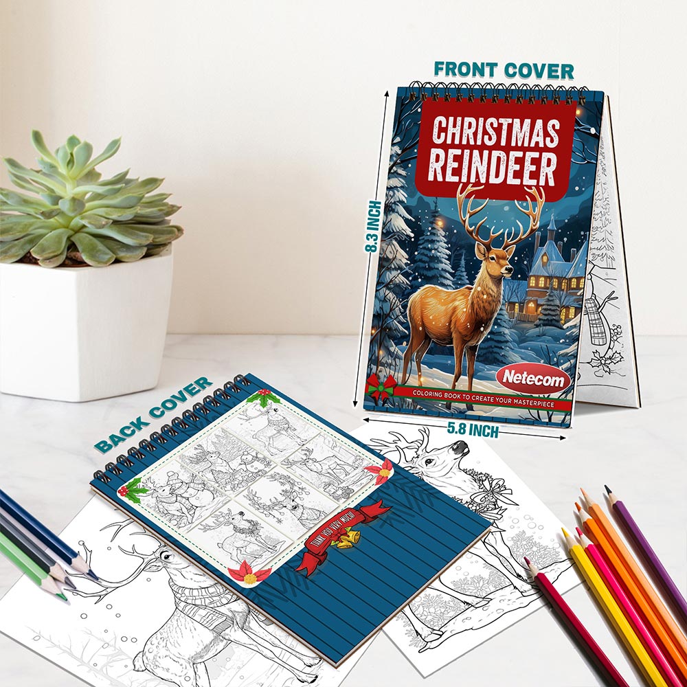 Netecom Christmas Reindeer Spiral Bound Coloring Book For Adults