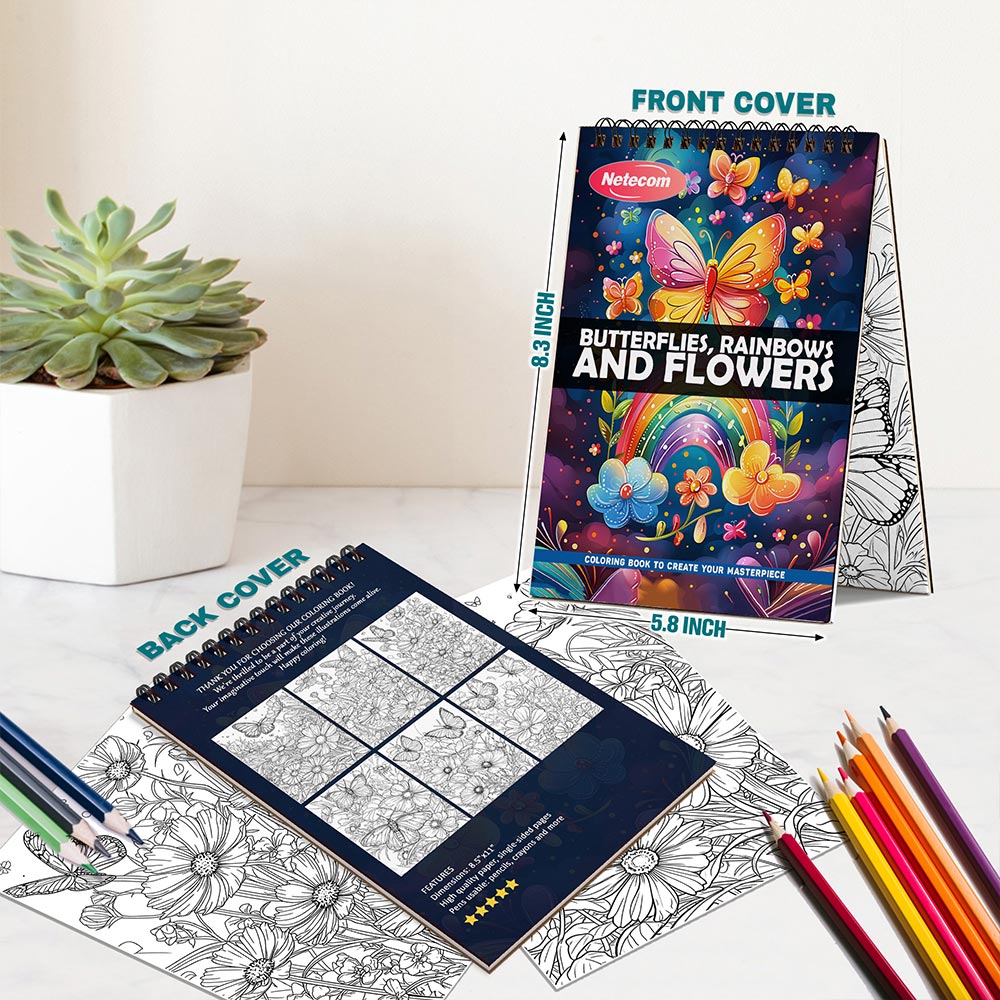 Butterflies, Rainbows and Flowers Spiral Bound Coloring Book For Adults