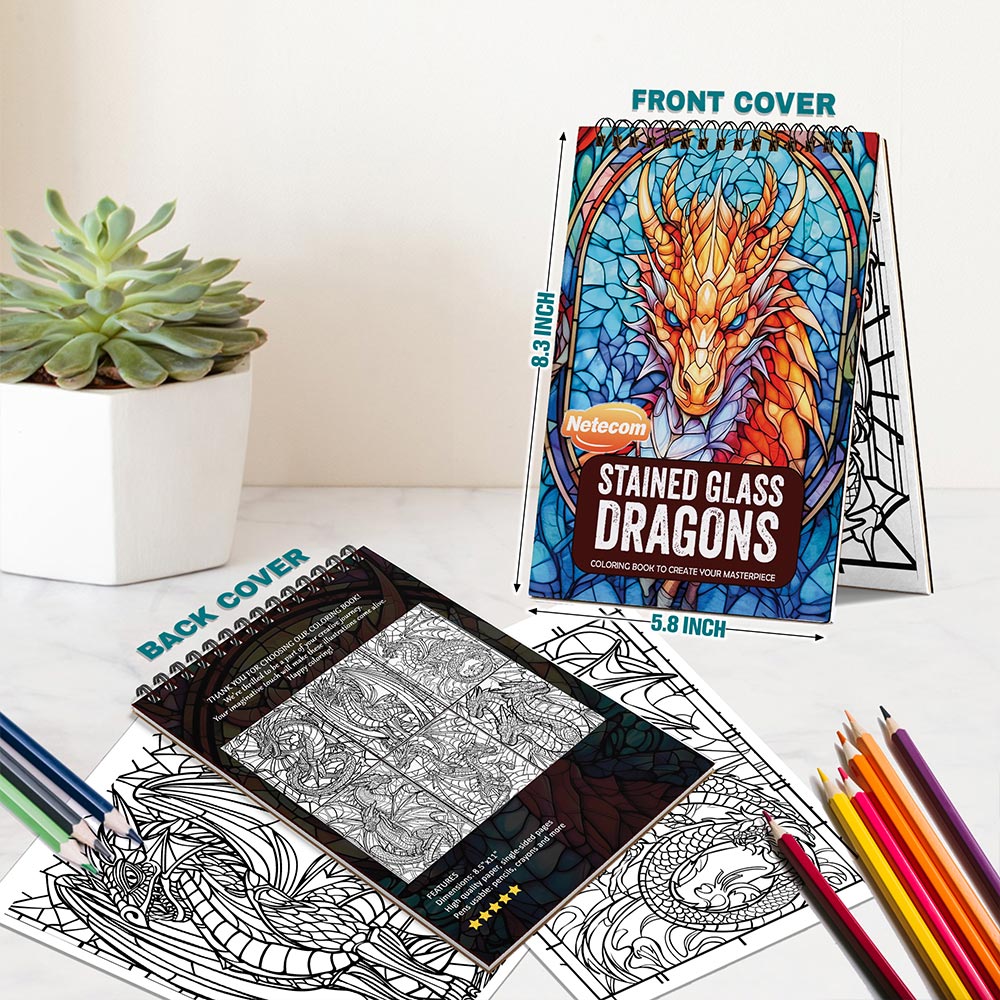 Netecom Stained Glass Dragons Spiral Bound Coloring Book For Adults