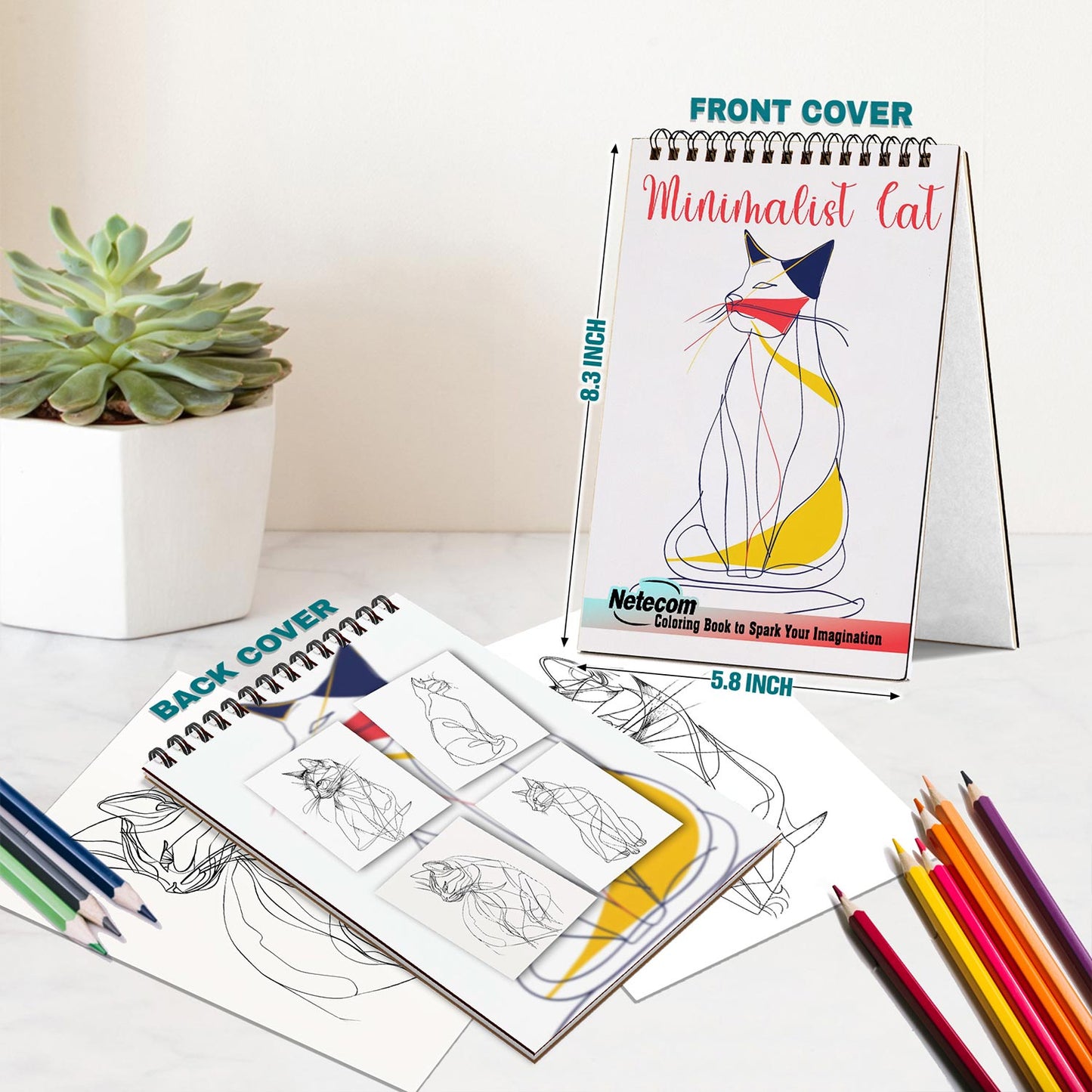 Netecom Minimalist Cat Spiral Bound Coloring Book For Adults