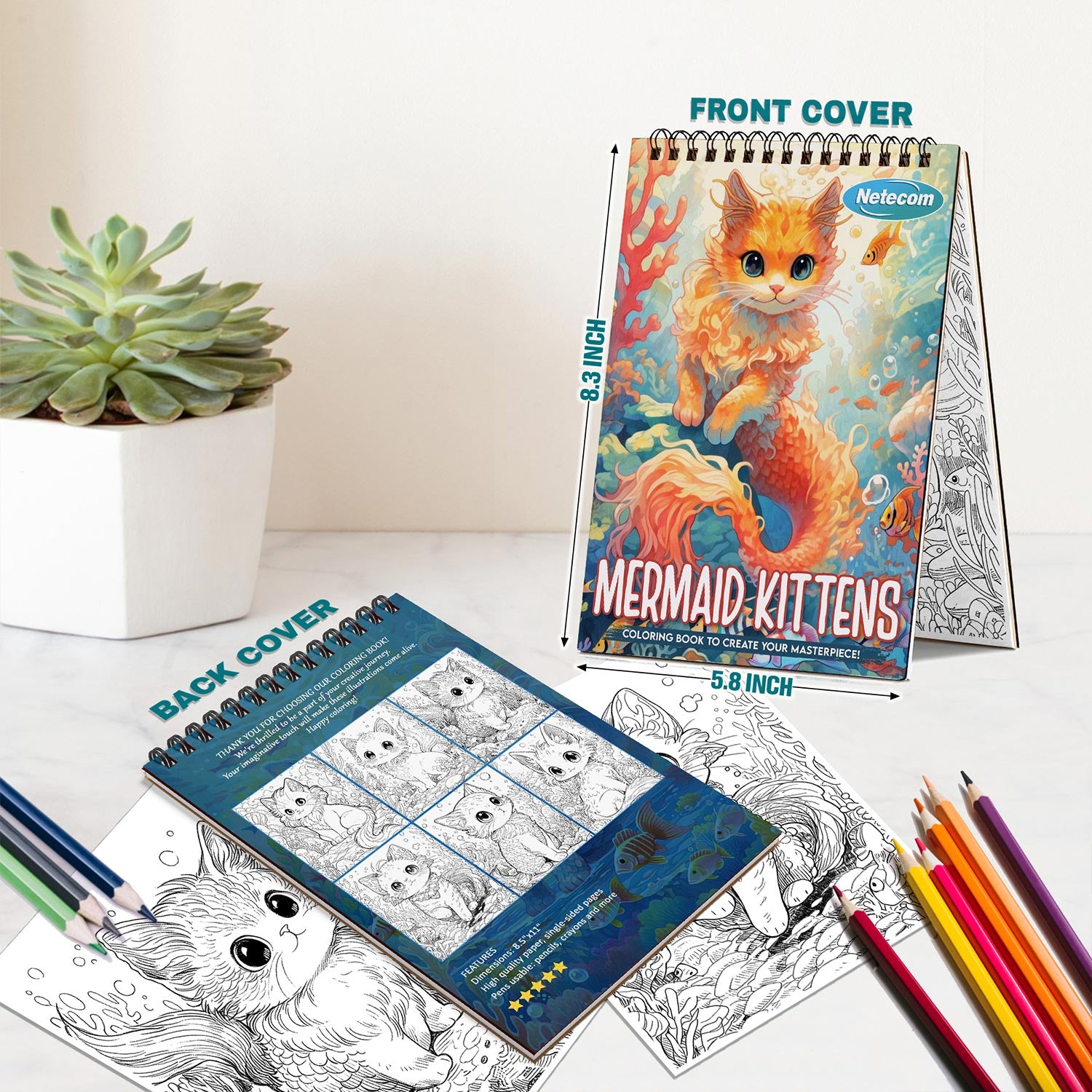 Netecom Mermaid Kittens Spiral Bound Coloring Book For Adults