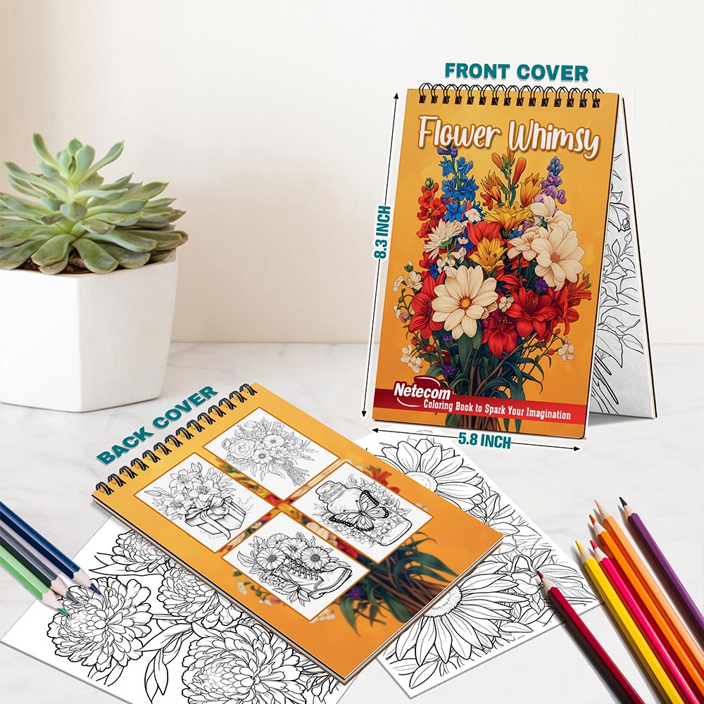 Netecom Flower Whimsy Spiral Bound Coloring Book For Adults
