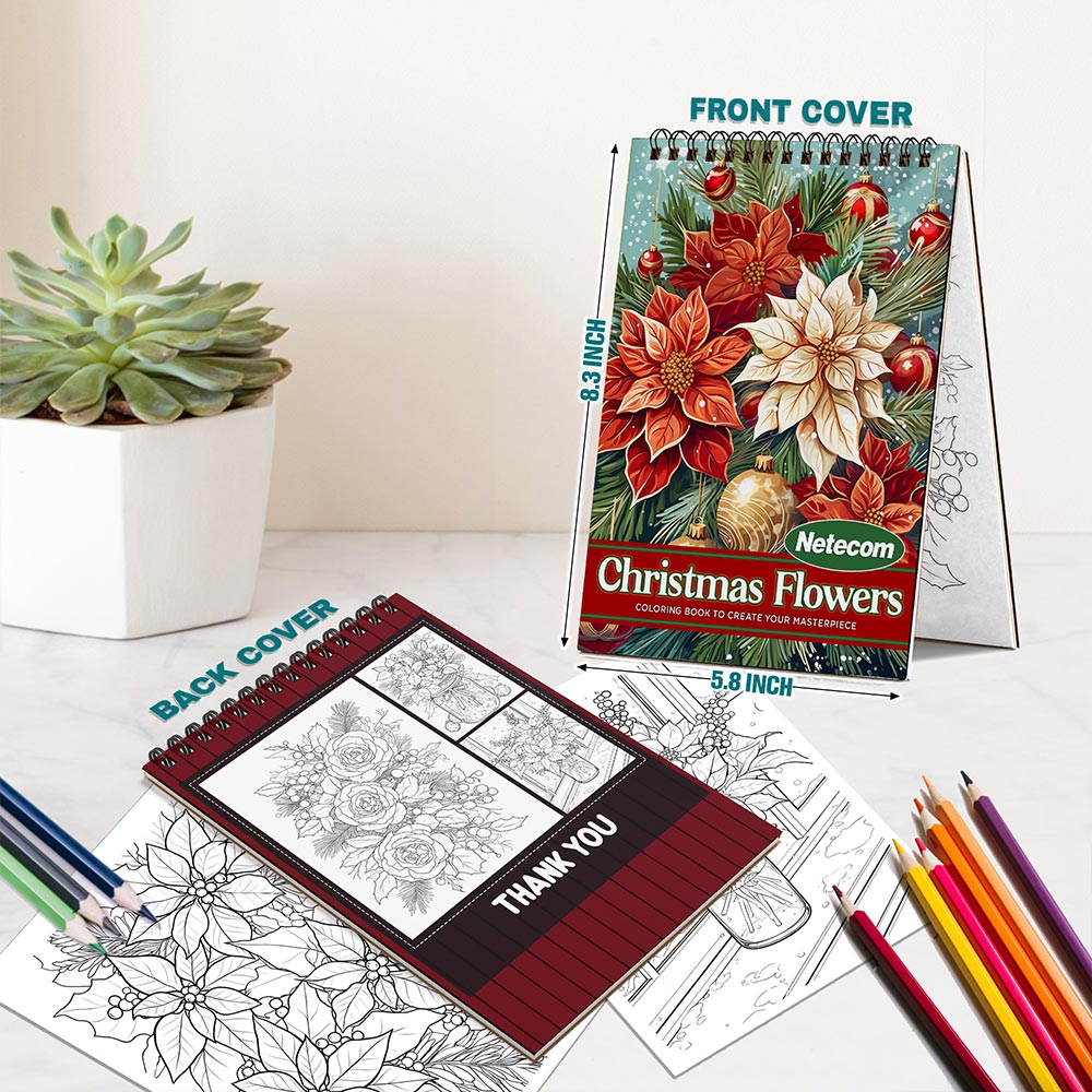 Netecom Christmas Flowers Spiral Bound Coloring Book For Adults