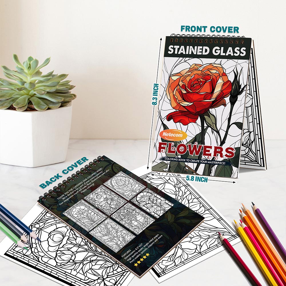 Stained Glass Flowers Spiral Bound Coloring Book For Adults
