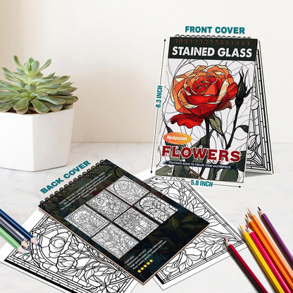 Stained Glass Flowers Spiral Bound Coloring Book For Adults
