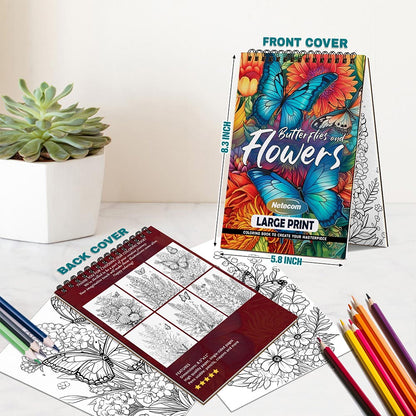 Netecom Large Print Butterflies and Flowers Spiral Bound Coloring Book For Adults
