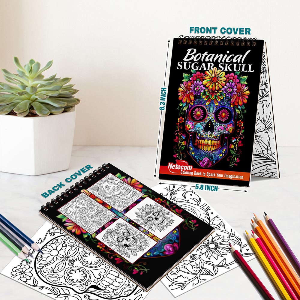 Netecom Botanical Sugar Skull Spiral Bound Coloring Book For Adults