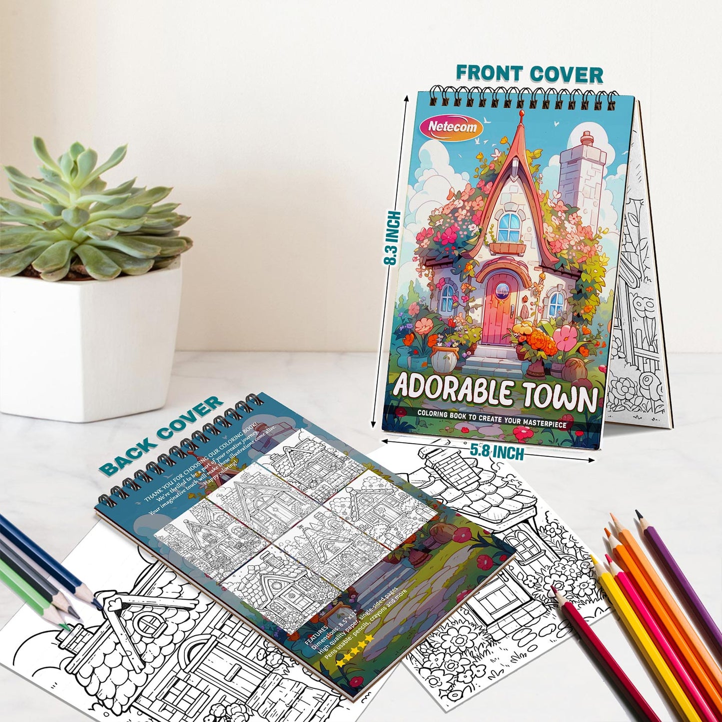 Netecom Adorable Town Spiral Bound Coloring Book For Adults