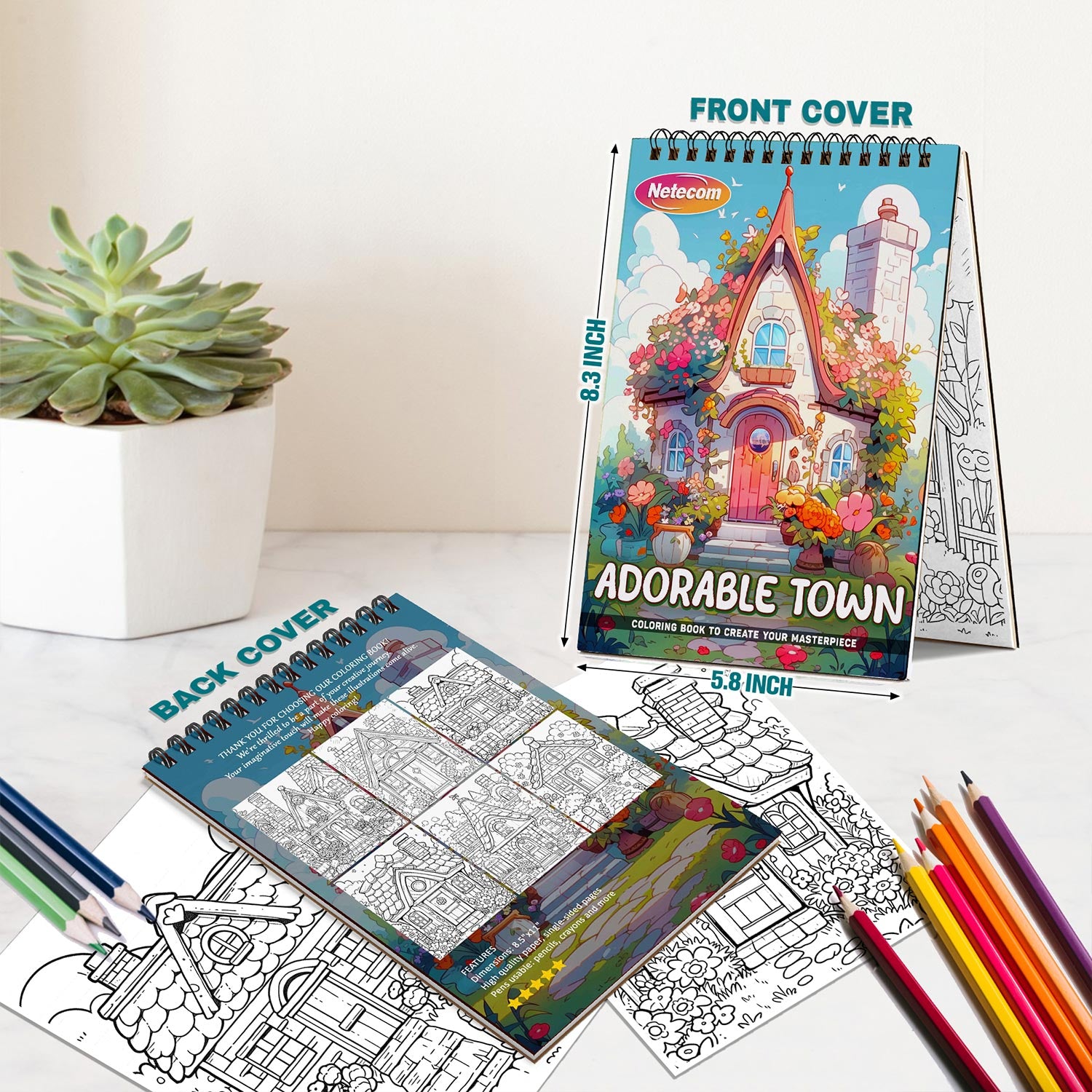 Netecom Adorable Town Spiral Bound Coloring Book For Adults