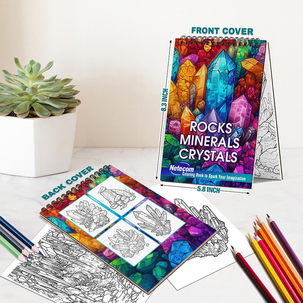 Netecom Rocks, Minerals & Crystals Spiral Bound Coloring Book For Adults