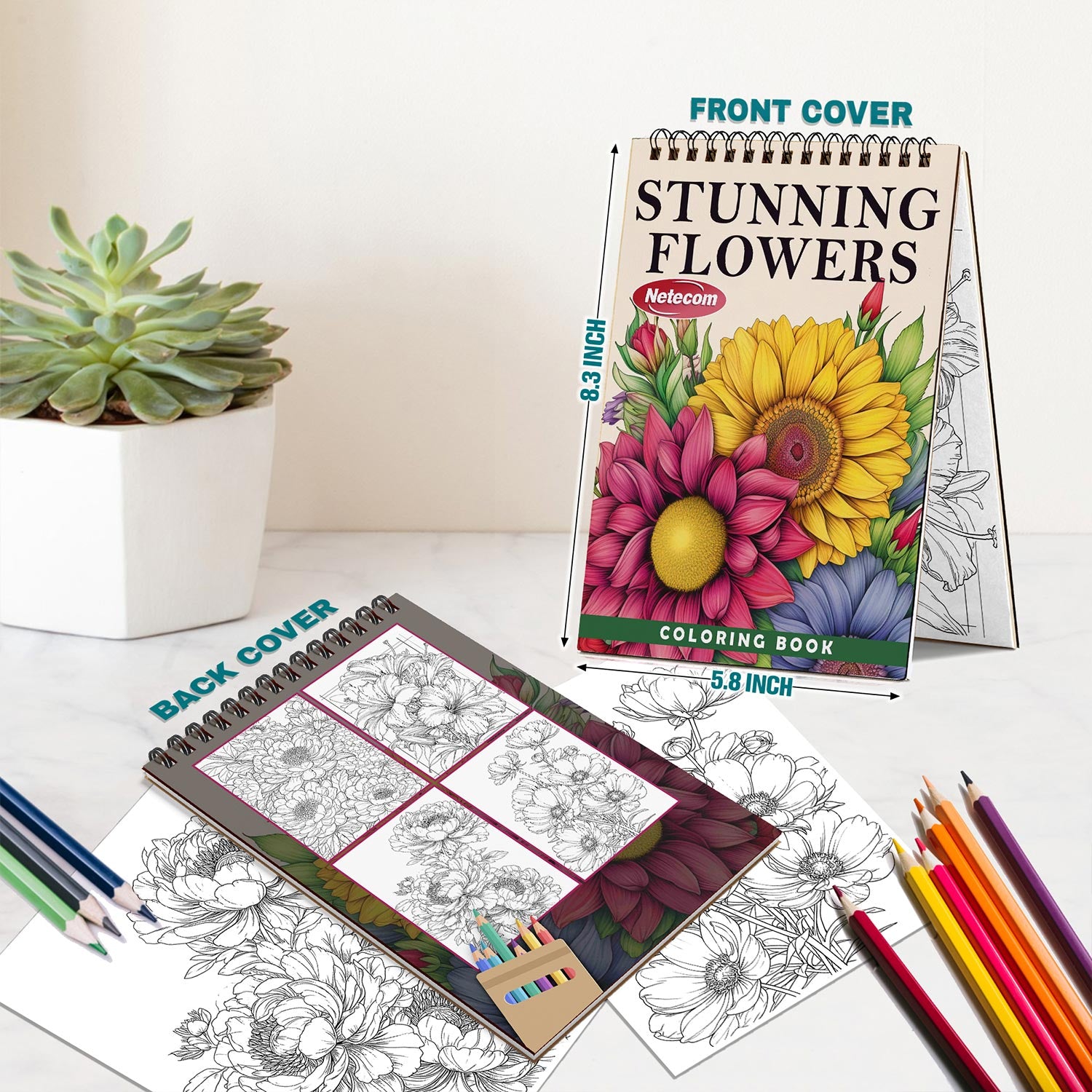 Netecom Stunning Flowers Spiral Bound Coloring Book For Adults