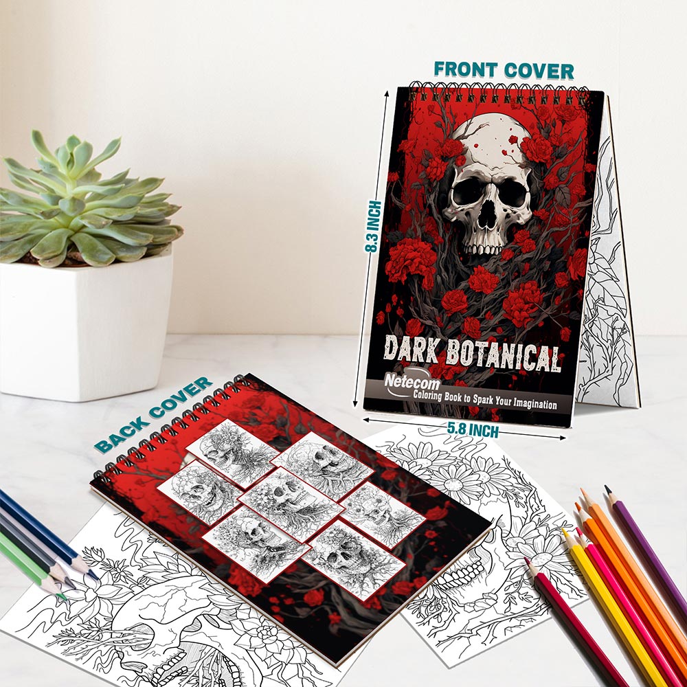 Netecom Dark Botanical Spiral Bound Coloring Book For Adults
