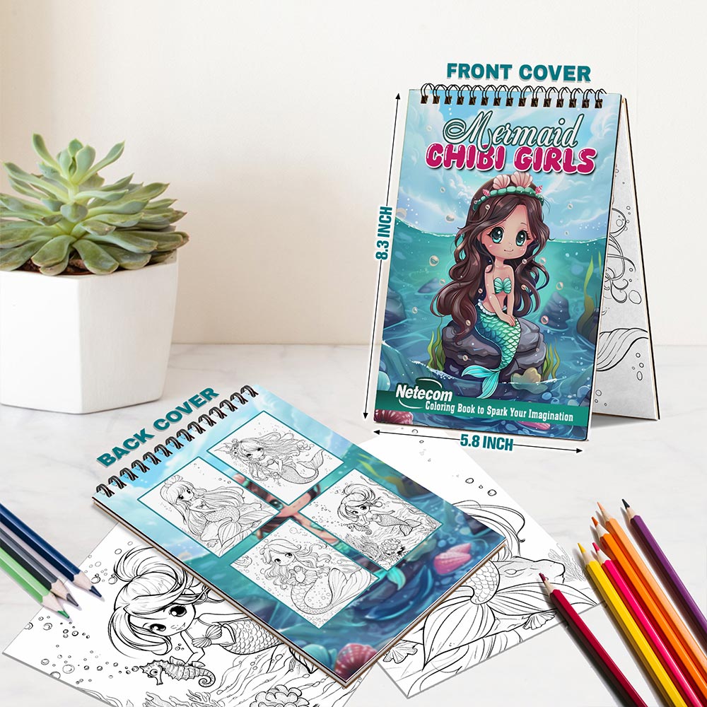 Netecom Mermaid Chibi Girls Spiral Bound Coloring Book For Adults