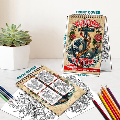 Netecom Traditional Tattoo Spiral Bound Coloring Book For Adults