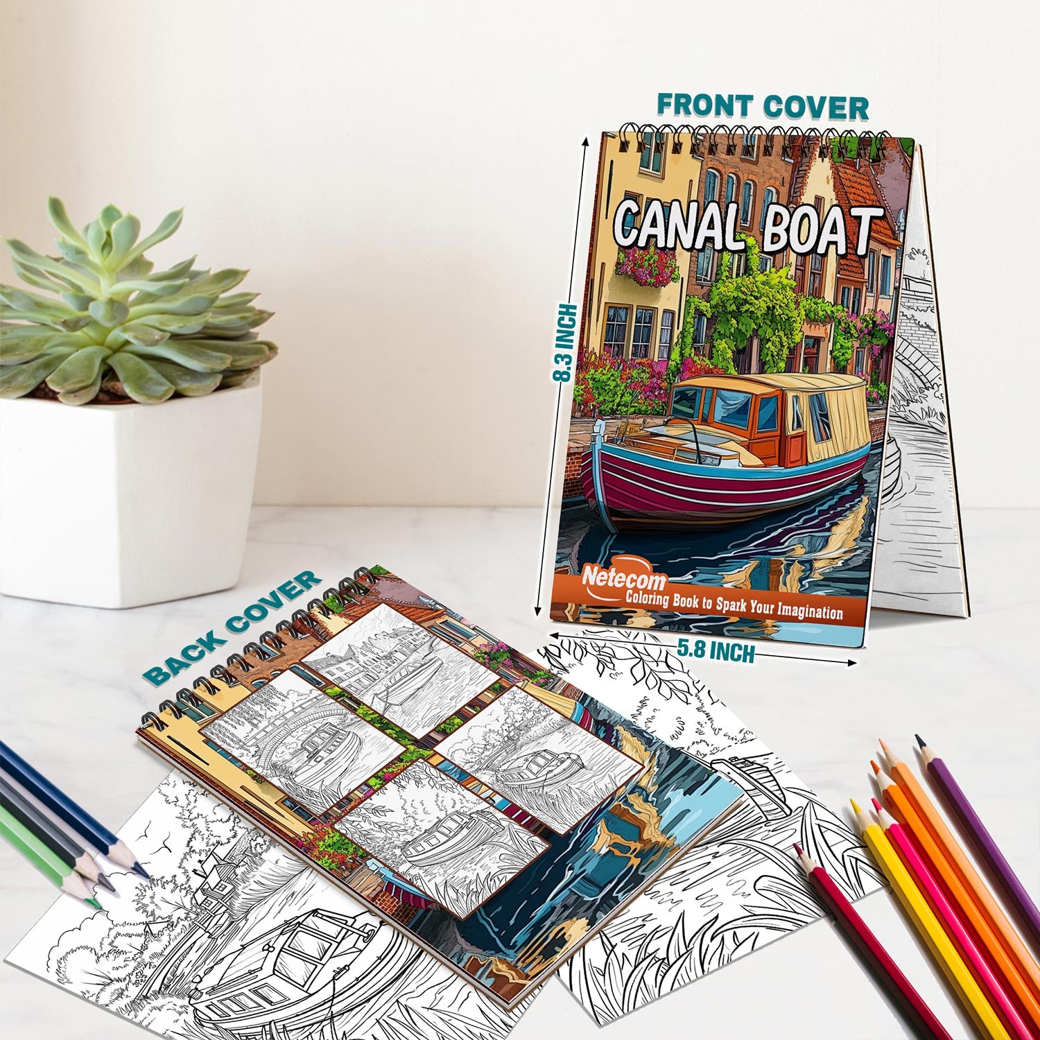 Netecom Canal Boat Spiral Bound Coloring Book For Adults