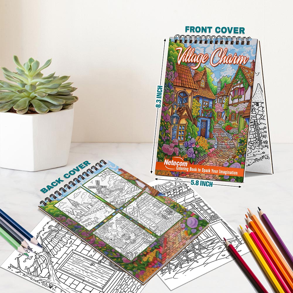 Netecom Village Charm Spiral Bound Coloring Book For Adults