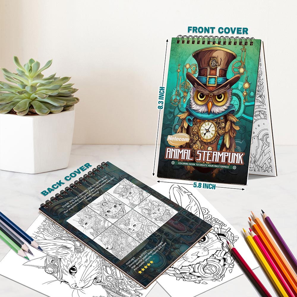 Netecom Animal Steampunk Spiral Bound Coloring Book For Adults